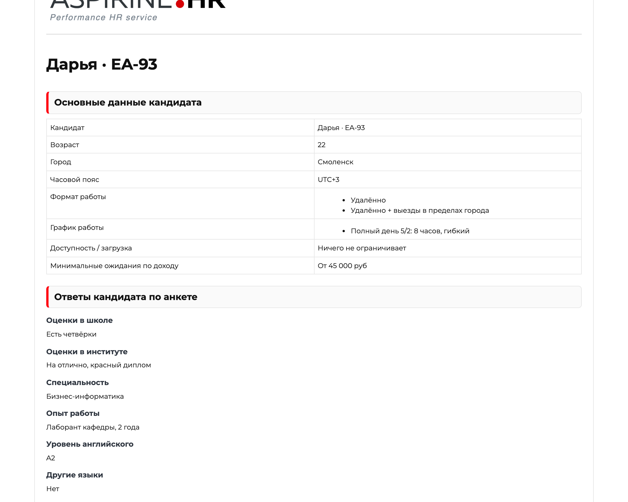 Анонимный отчёт — основные данные кандидата